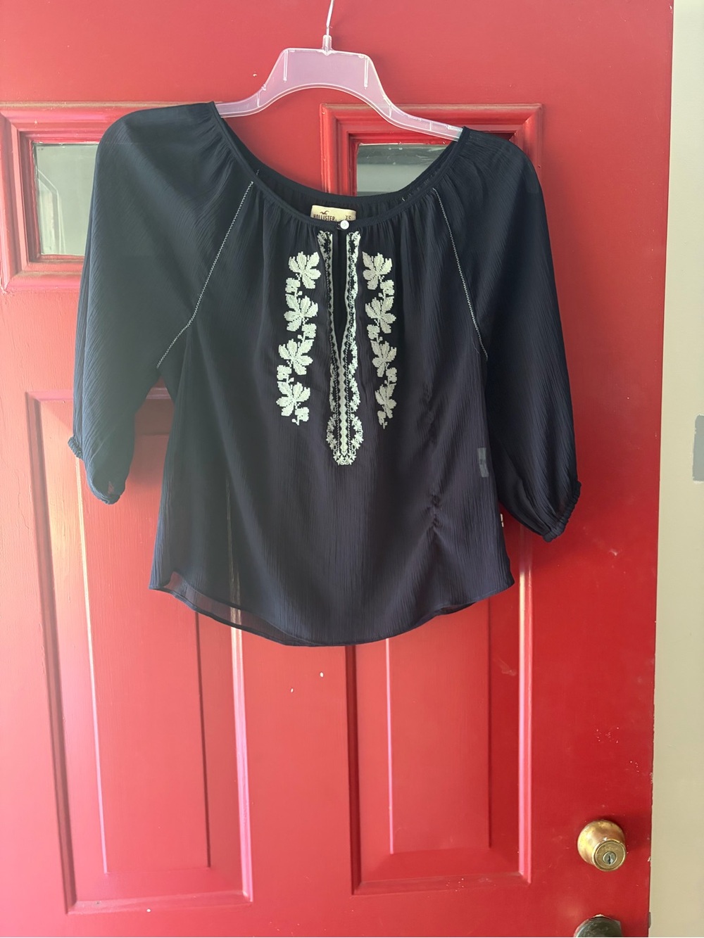 Hollister Black Peasant Blouse with Cream Floral Embroidery